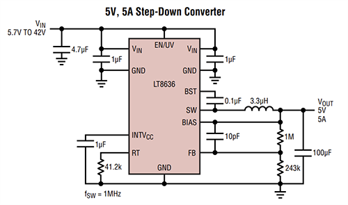 Applikations-Schaltungsdiagramm - Analog Devices Inc. LT8636x Synchrone 6-A-Abwärtsregler mit 42 V Applikations-Schaltungsdiagramm - Analog Devices Inc. LT8636x Synchrone 6-A-Abwärtsregler mit 42 V